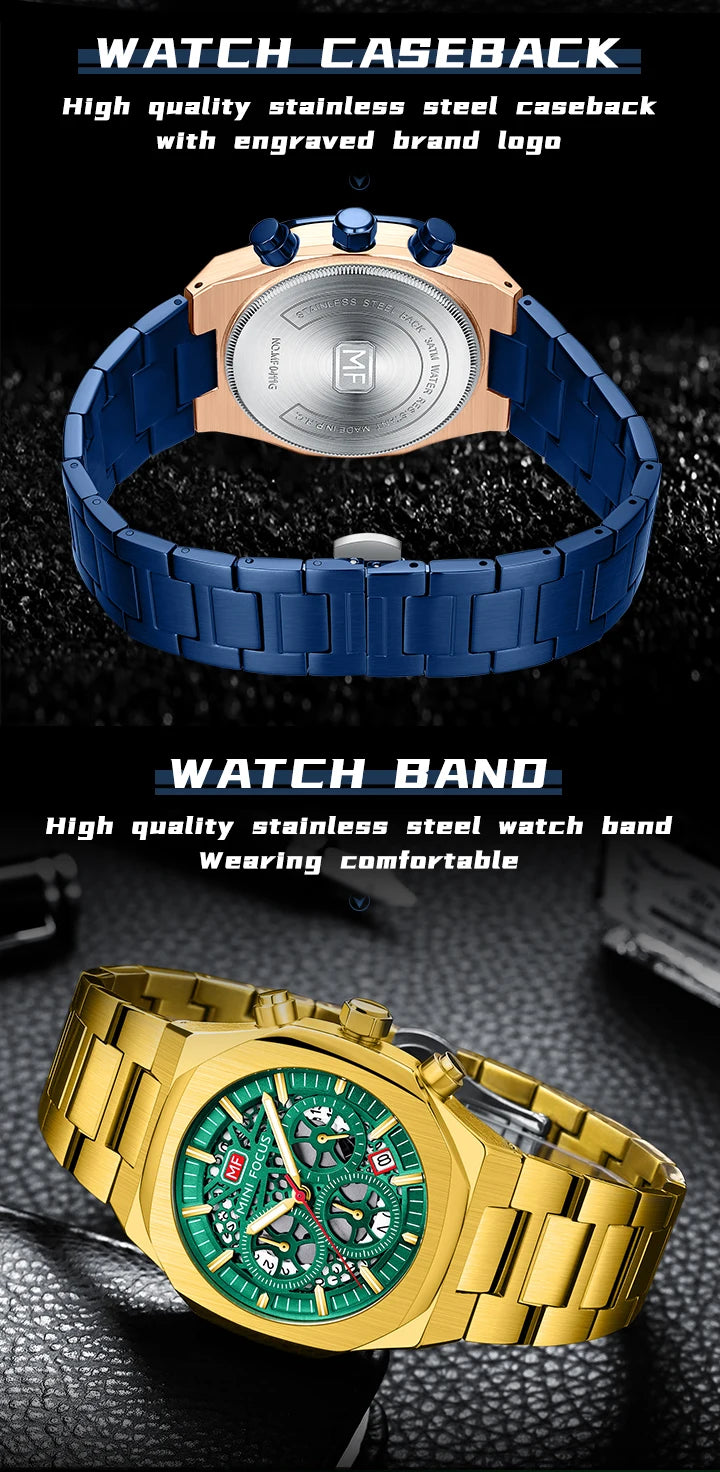 MINI FOCUS Motley Chronograph Quartz Watches Men Stainless Steel Business Sport Wristwatch with Luminous Hands Auto Date 0411