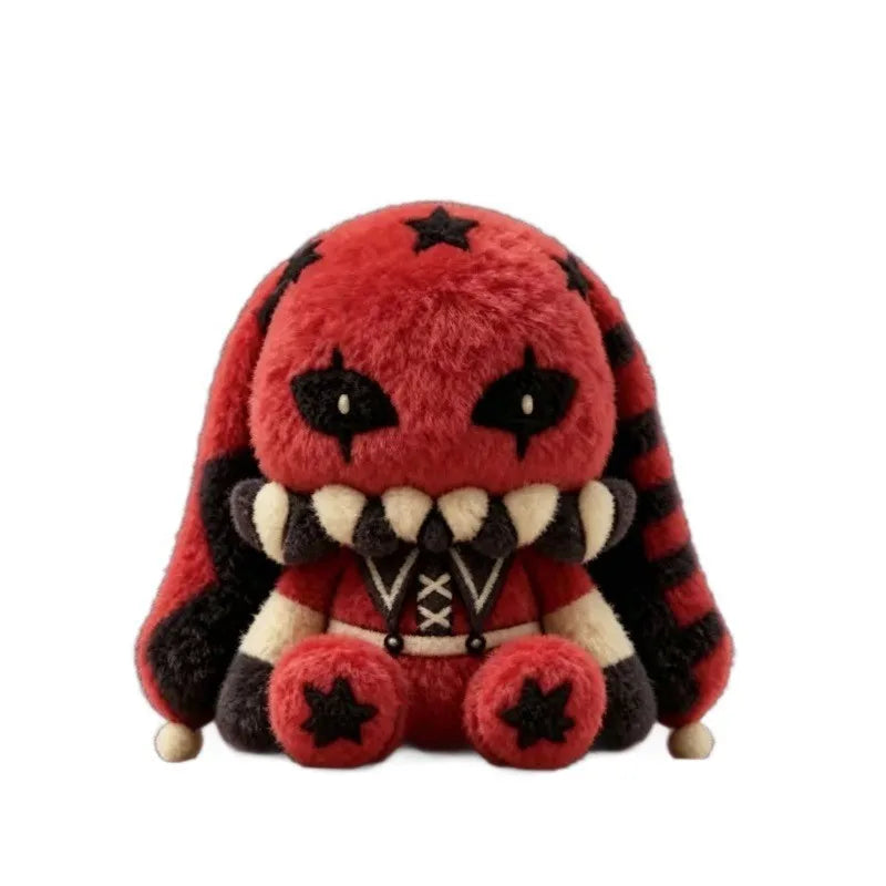 Red and black plush Pierrot rabbit with star prints, long striped ears, sharp teeth, and a jester collar.