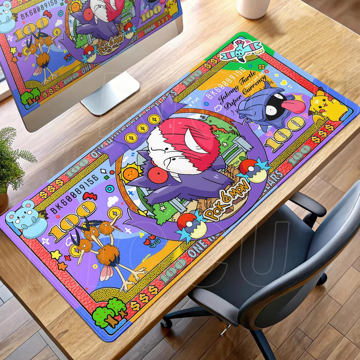 Colorful Pokemon desk mat featuring Gengar, Pikachu, and Dodrio styled like oversized currency.