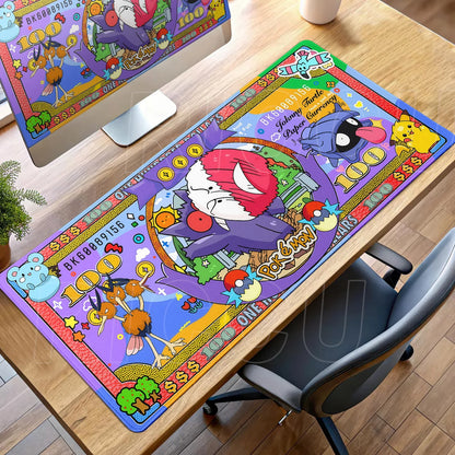 Colorful Pokemon desk mat featuring Gengar, Pikachu, and Dodrio styled like oversized currency.