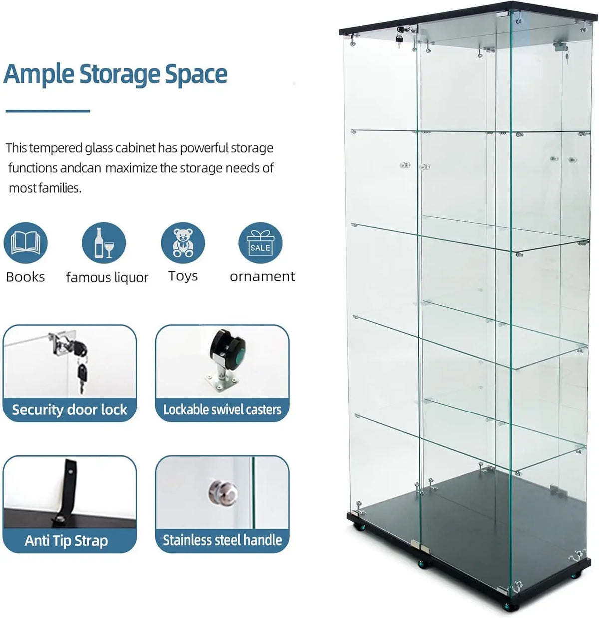 Tall black 5-tier glass display cabinet with clear glass shelves and double doors.