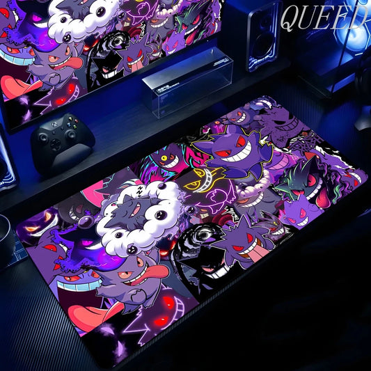 An XXL Gengar gaming mouse pad featuring various purple illustrations of the Pokémon Gengar.