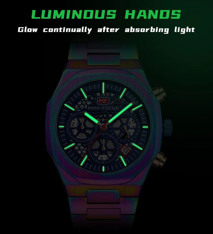 MINI FOCUS Motley Chronograph Quartz Watches Men Stainless Steel Business Sport Wristwatch with Luminous Hands Auto Date 0411