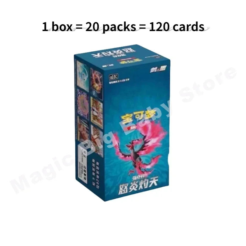 Blue Pokémon booster box featuring a pink bird-like creature, text, and card graphics.