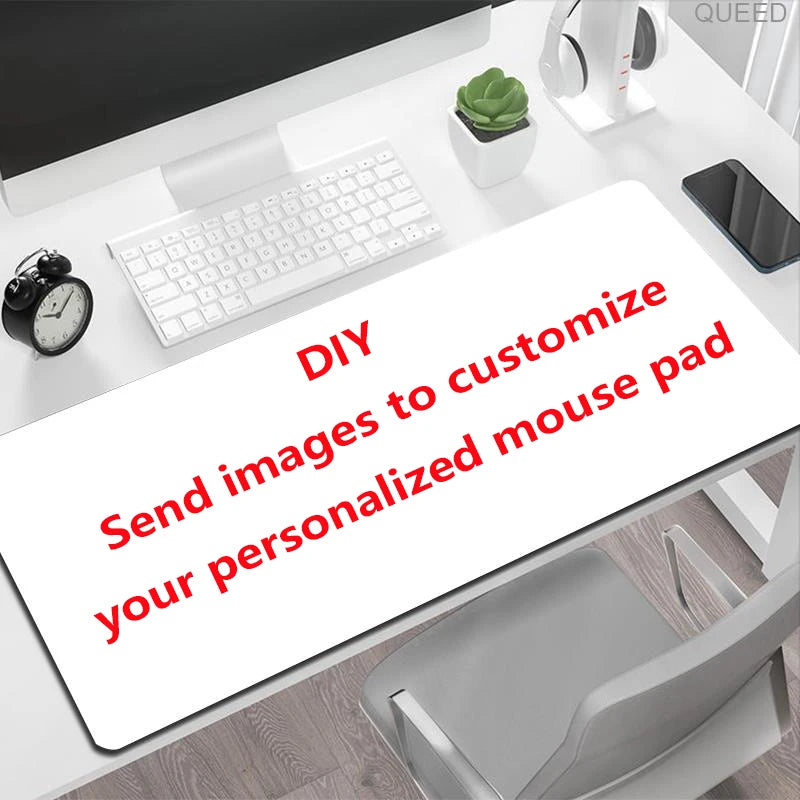 Large white desk mat with red text reading "DIY Send images to customize your personalized mouse pad."