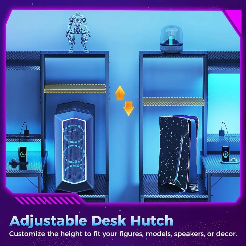Adjustable black gaming desk hutch with shelves, holding a robot figure and console in blue light.