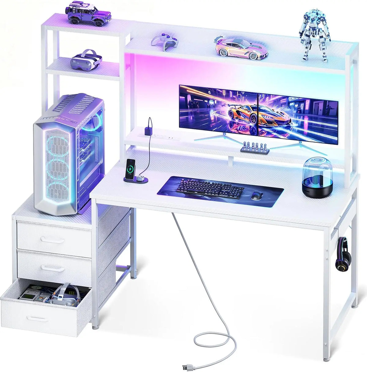 White gaming desk with hutch, three fabric drawers, LED backlighting, monitor, keyboard, and gaming PC.