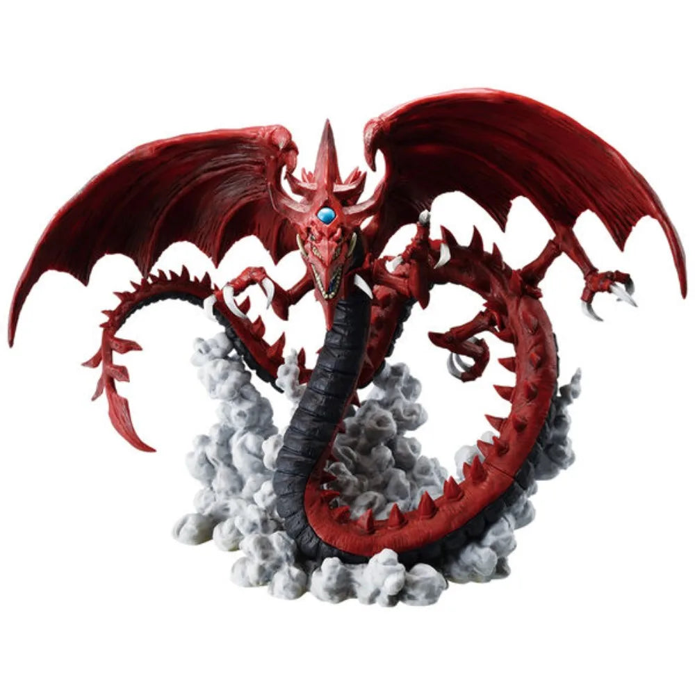 Red and black Slifer the Sky Dragon figure emerging from gray clouds, with a blue jewel on its head.