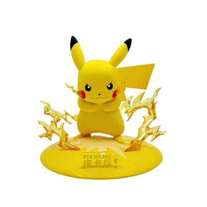 Yellow Pikachu figurine with folded arms, surrounded by translucent orange lightning bolts on a yellow base.