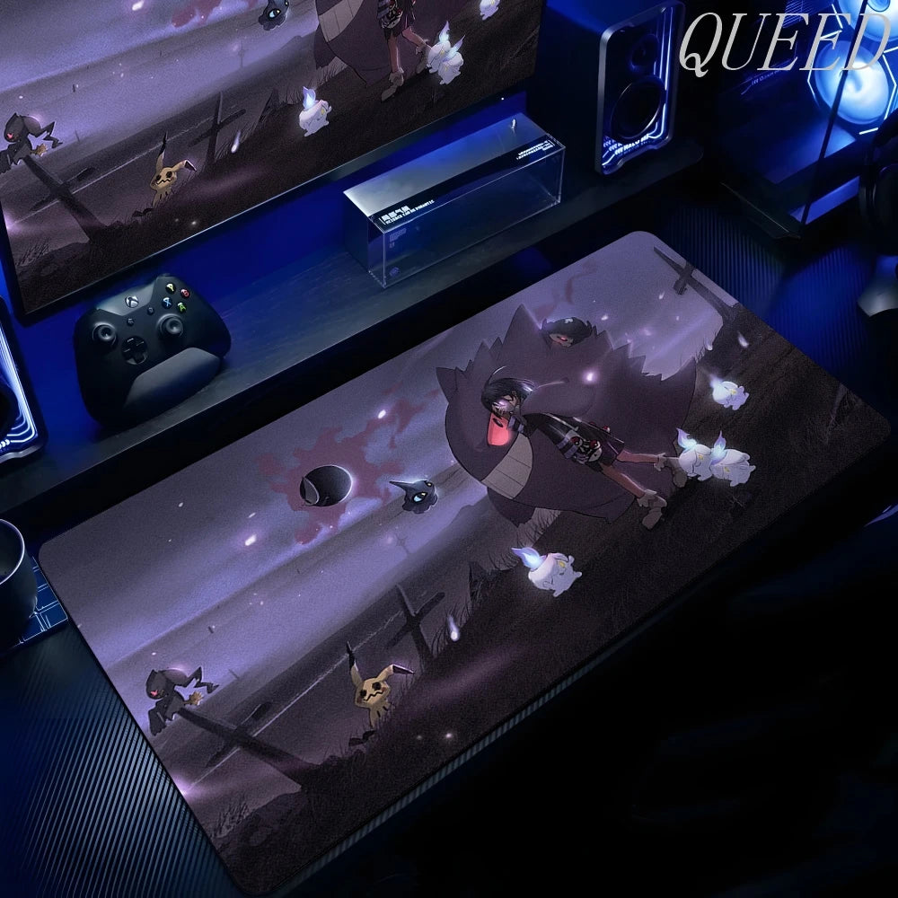 XXL desk mat featuring purple anime ghost characters, graves, and a dark, eerie nighttime landscape.