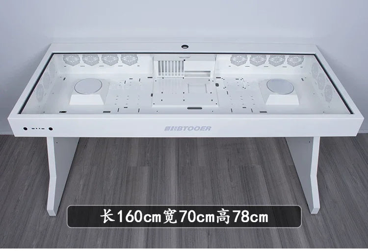 White computer desk with a glass top, built-in dual PC chassis, and ventilation slots. Text reads "BTOOER".