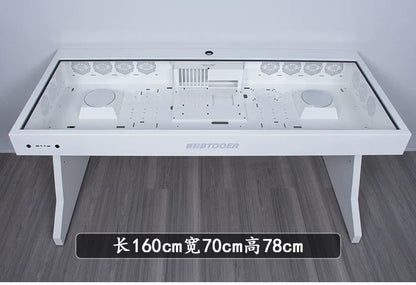 White computer desk with a glass top, built-in dual PC chassis, and ventilation slots. Text reads "BTOOER".