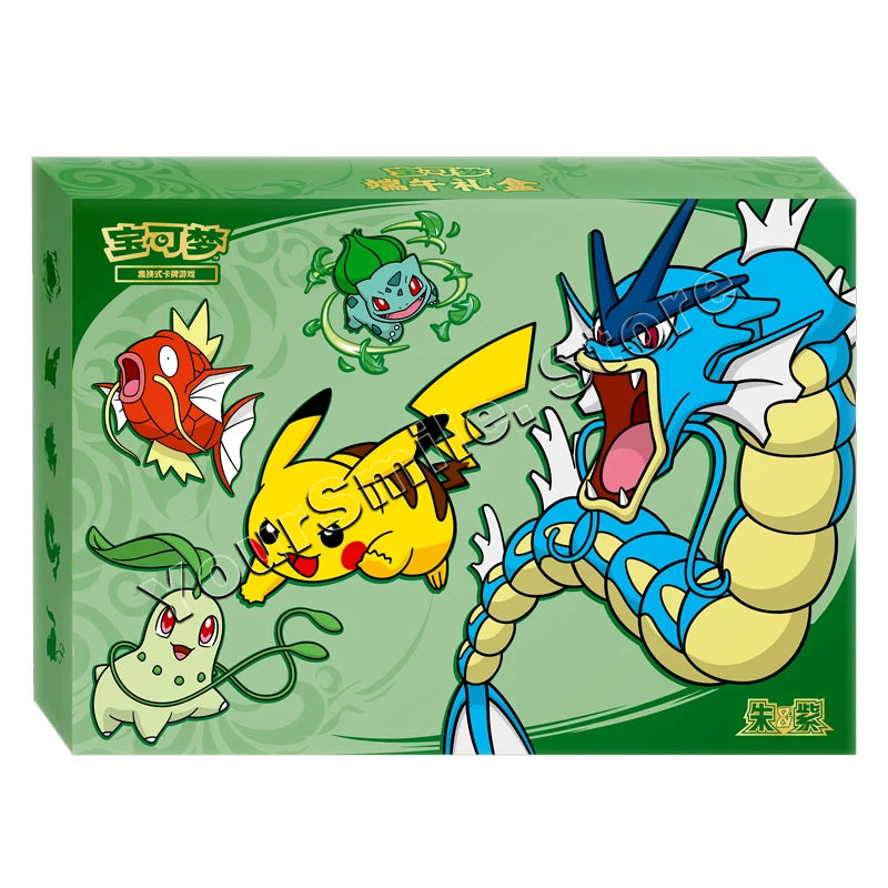 Green Pokémon trading card box featuring Pikachu, Gyarados, Magikarp, Bulbasaur, and Chikorita illustrations.