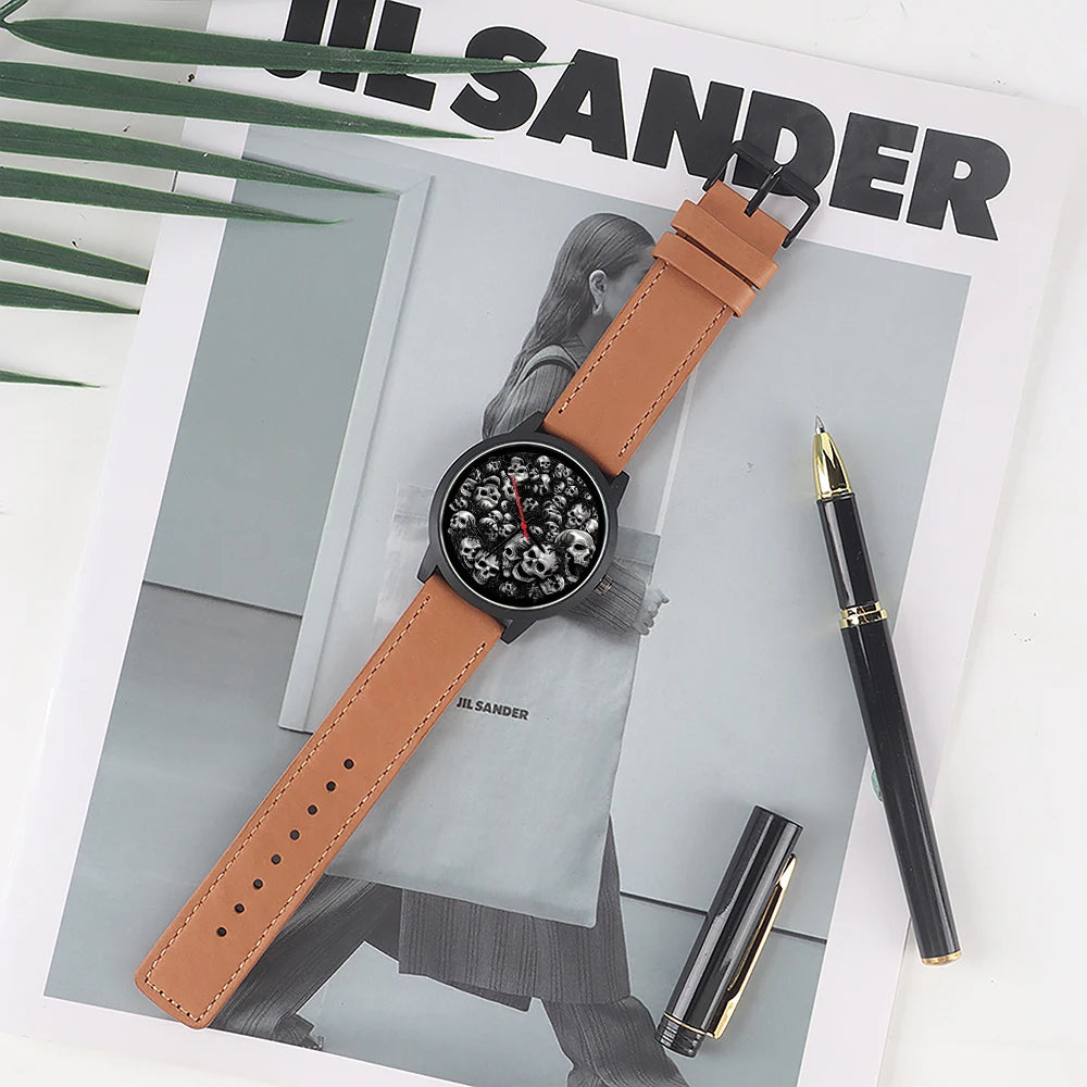 Skeleton Skull Dial Gentleman Quartz Watch Men Personalized Wristwatch Black Fashion Souvenir Gift For Male Friend Husband