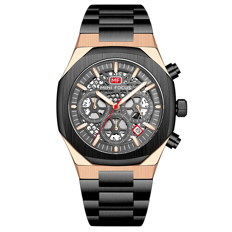 MINI FOCUS Motley Chronograph Quartz Watches Men Stainless Steel Business Sport Wristwatch with Luminous Hands Auto Date 0411