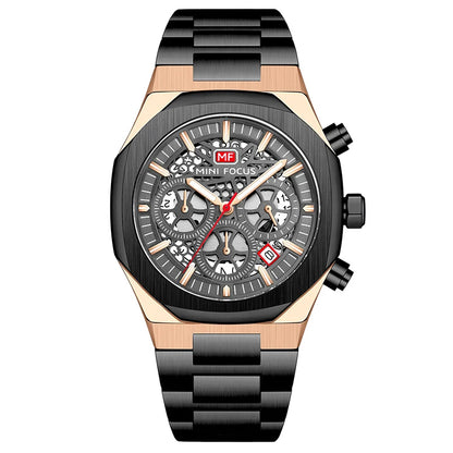 MINI FOCUS Motley Chronograph Quartz Watches Men Stainless Steel Business Sport Wristwatch with Luminous Hands Auto Date 0411