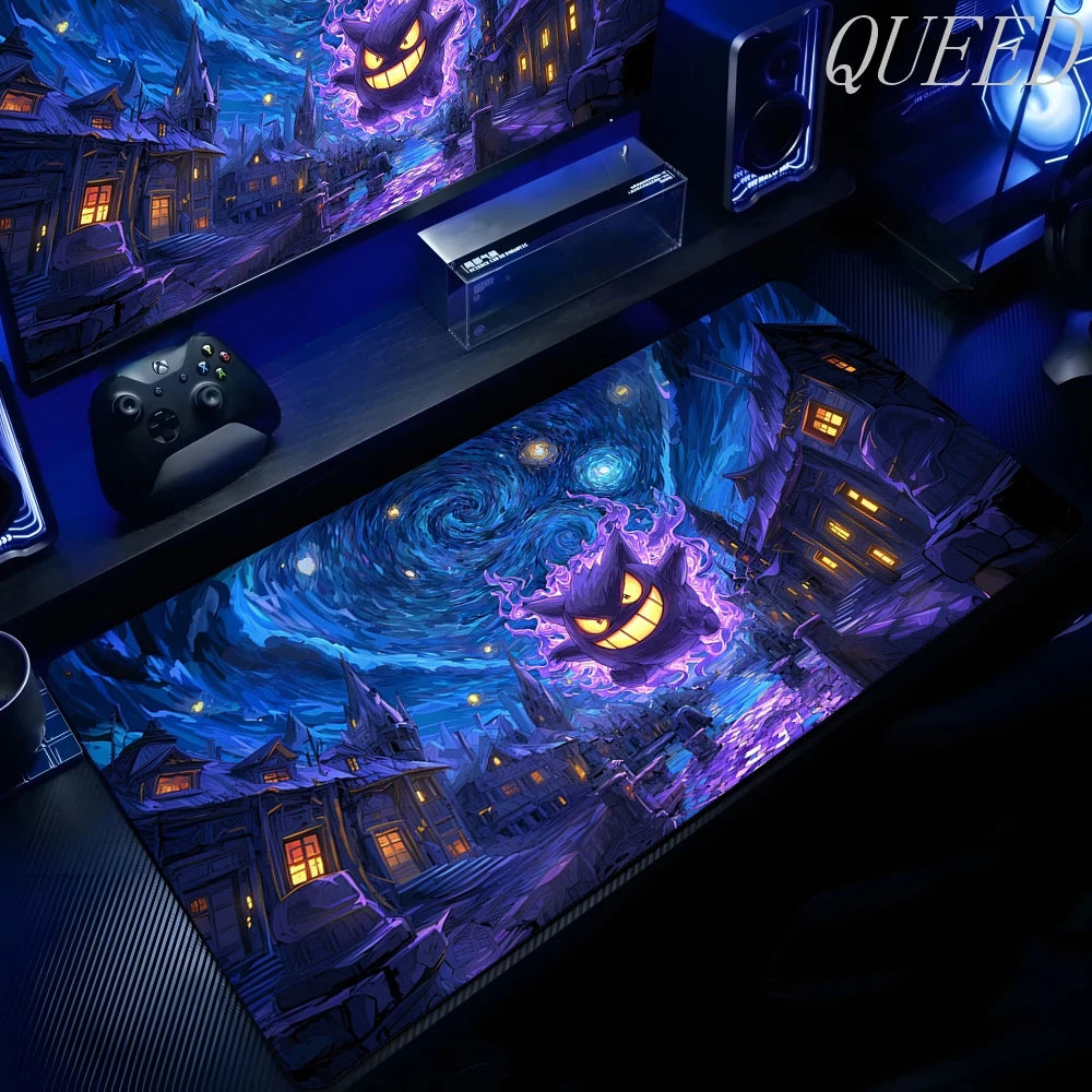 XXL gaming mouse pad featuring Gengar in a spooky village under a swirling starry blue and purple sky.