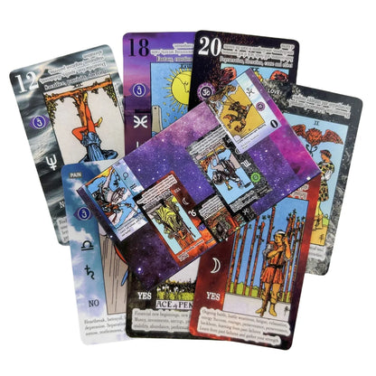 A fan of colorful tarot cards, with reversed and upright cards showing numbers, symbols, and figures.