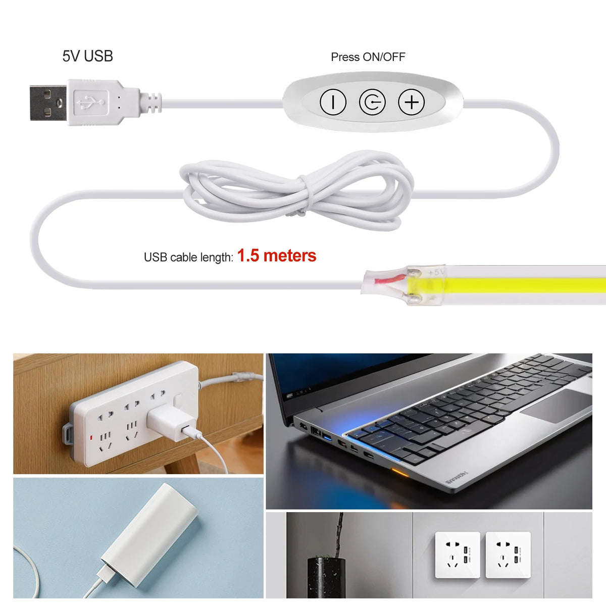 White 5V USB COB LED strip with 1.5m cable, touch dimmer switch, and four application examples.