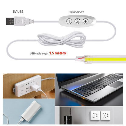 White 5V USB COB LED strip with 1.5m cable, touch dimmer switch, and four application examples.