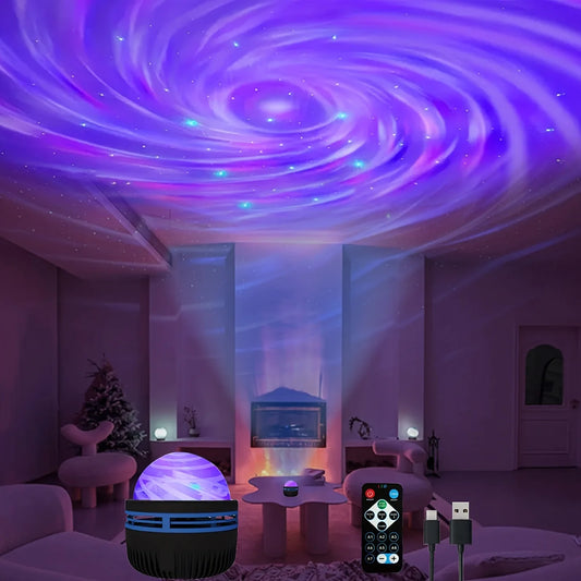 Galaxy projector casting a swirling purple and blue nebula with glowing stars onto a living room ceiling.