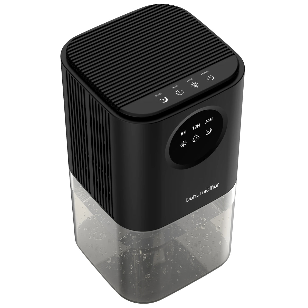 Black portable dehumidifier with a clear water tank, top touch controls, and front display screen.