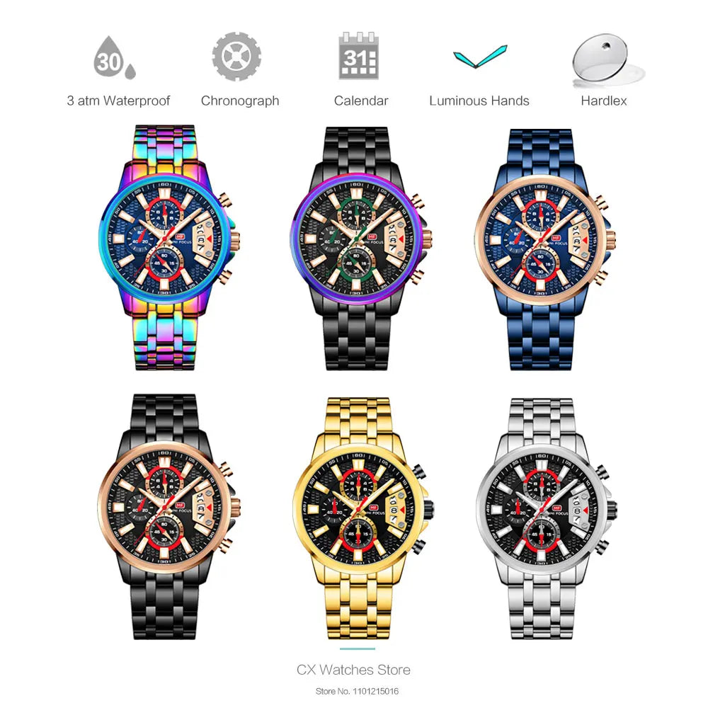 MINI FOCUS Motley Watches for Men Fashion Sport Chronograph Quartz Wristwatch with Date Luminous Hands Stainless Steel Strap Man