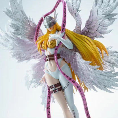 Angewomon anime figure with a helmet, long blonde hair, white wings, and a pink rune ribbon.