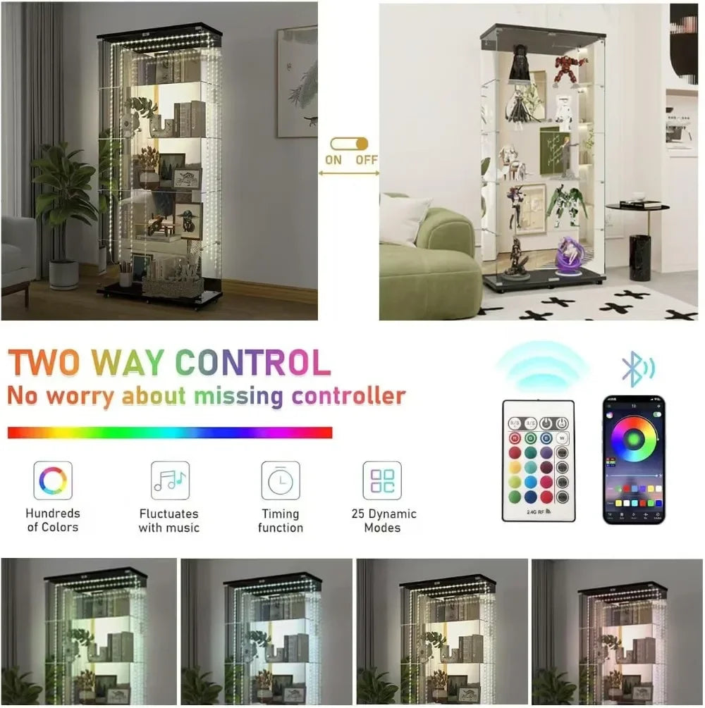 Black 5-tier glass display cabinet with LED lights, mirror back, remote, and app control.