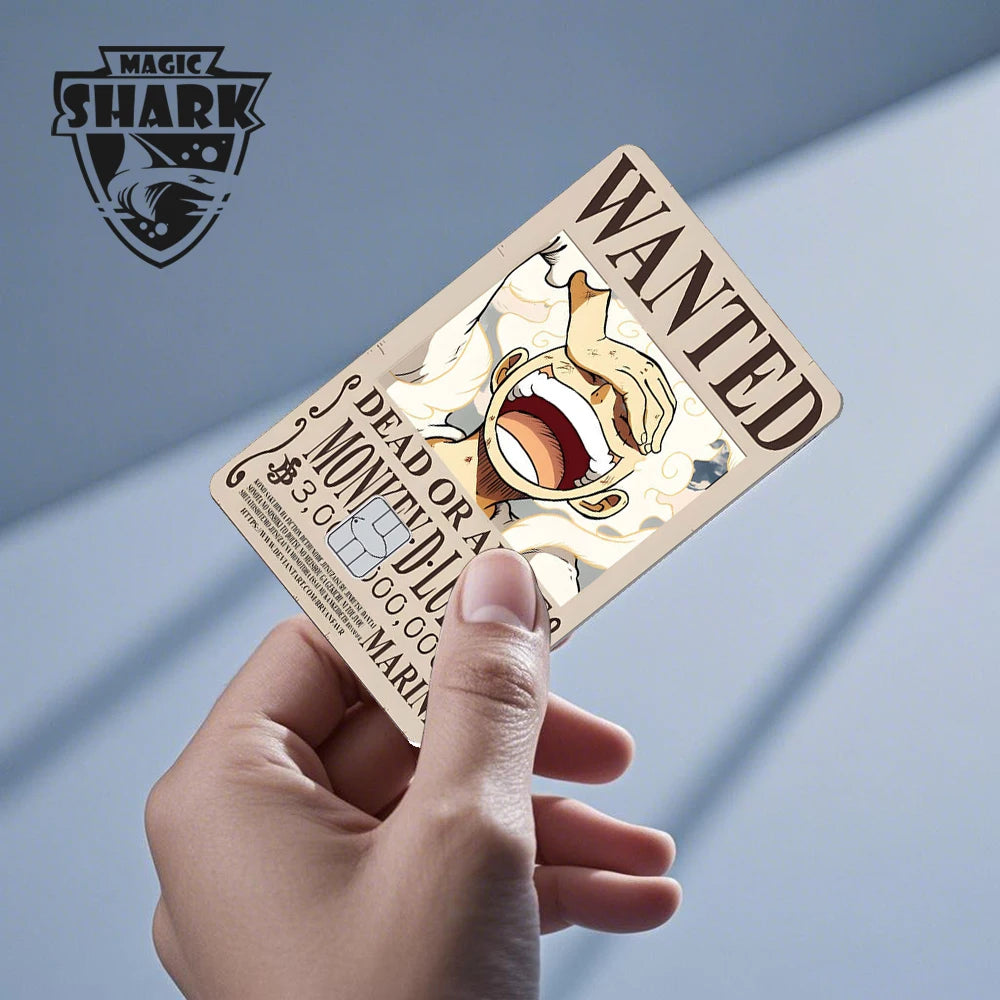 Beige card skin featuring an anime wanted poster with the word "WANTED" and "MONKEY D. LUFFY".
