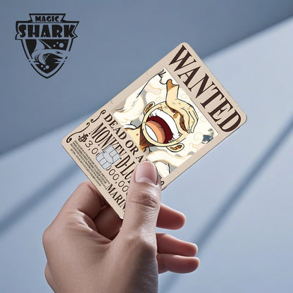Beige card skin featuring an anime wanted poster with the word "WANTED" and "MONKEY D. LUFFY".