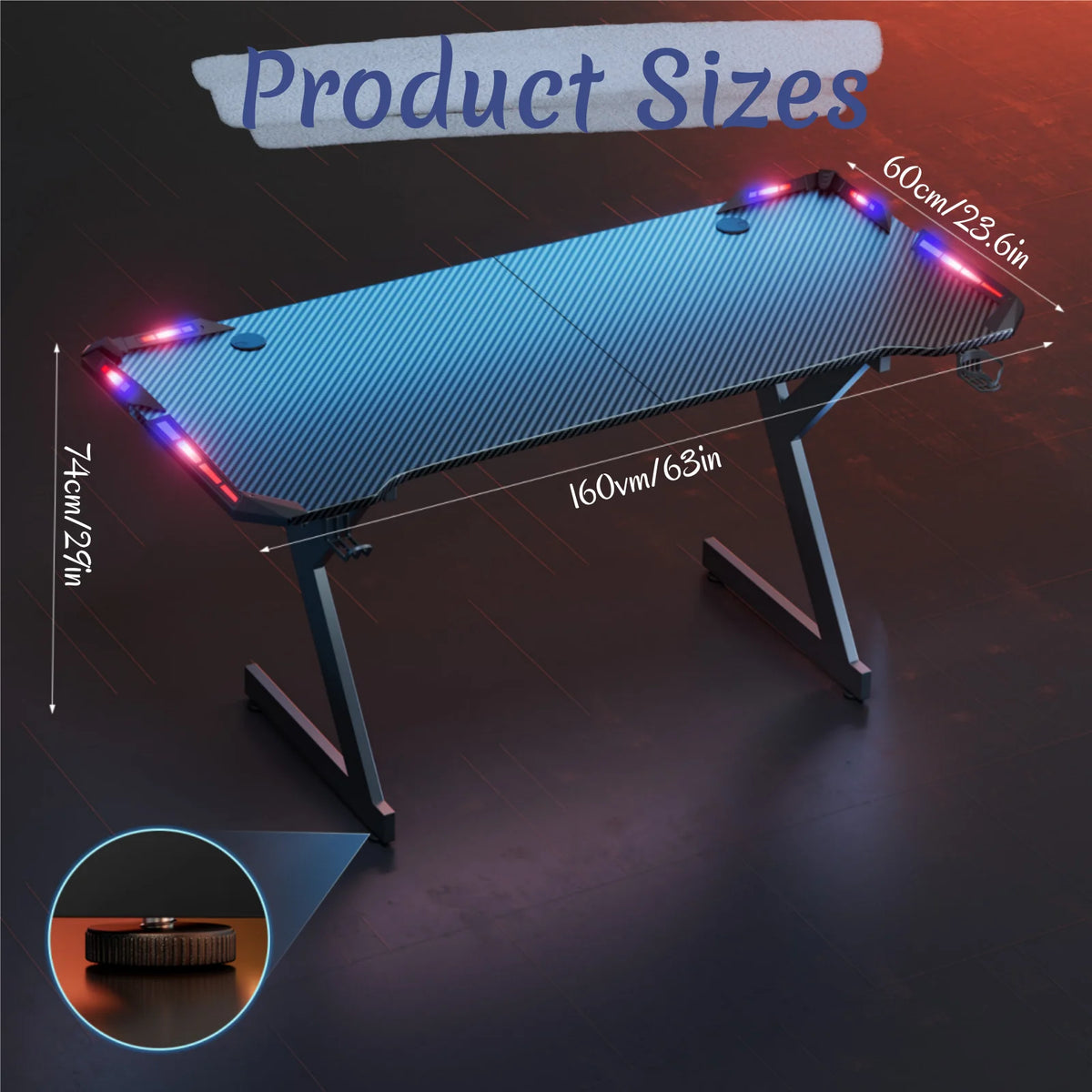 Black carbon-fiber gaming desk with Y-shaped legs, red-blue LED lights, and dimension overlays.