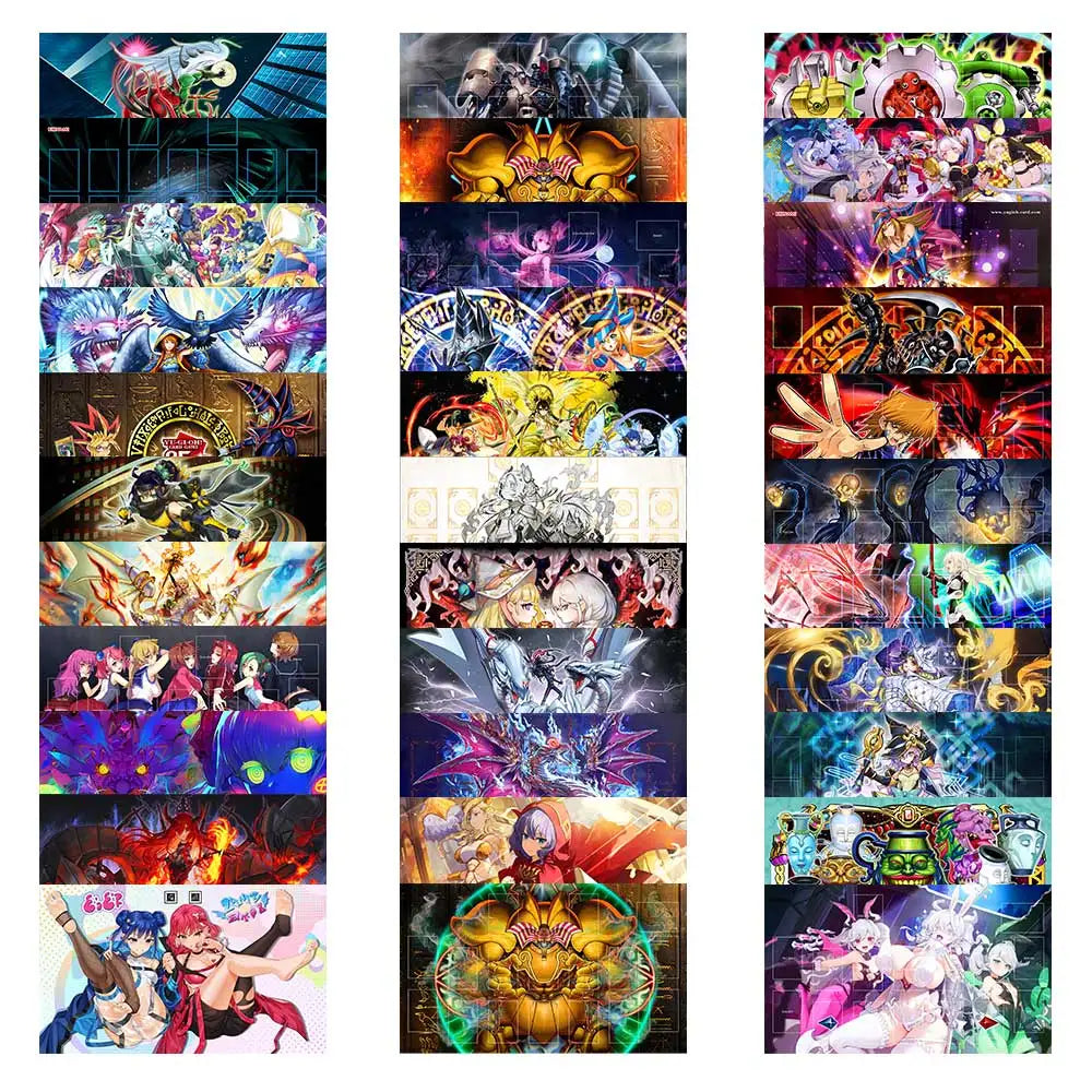 Collage of colorful Yu-Gi-Oh playmats featuring anime characters, monsters, and card layouts in various designs.