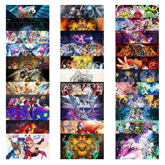 Collage of colorful Yu-Gi-Oh playmats featuring anime characters, monsters, and card layouts in various designs.
