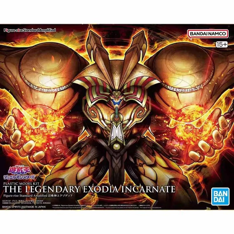 The Legendary Exodia Incarnate model kit box features a golden, armored humanoid figure radiating fiery energy.