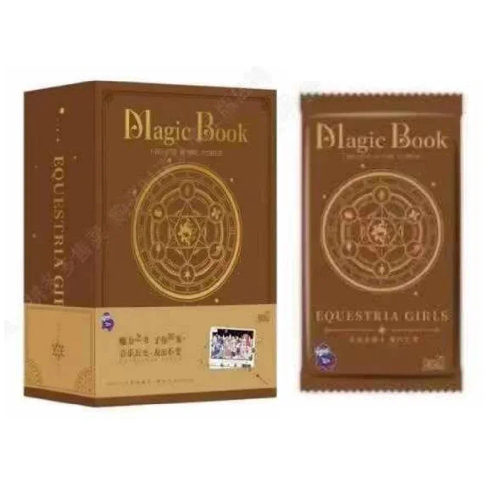 Brown box and foil pack labeled "Magic Book" and "Equestria Girls" featuring gold magical circle designs.