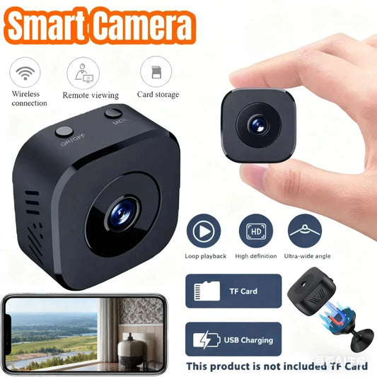 A black square mini security camera is displayed with various features like wireless connection and remote viewing.