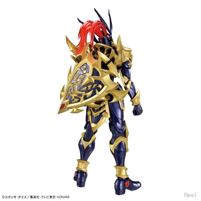 Posable dark blue and gold action figure with a large shield, ornate armor, and bright red hair.