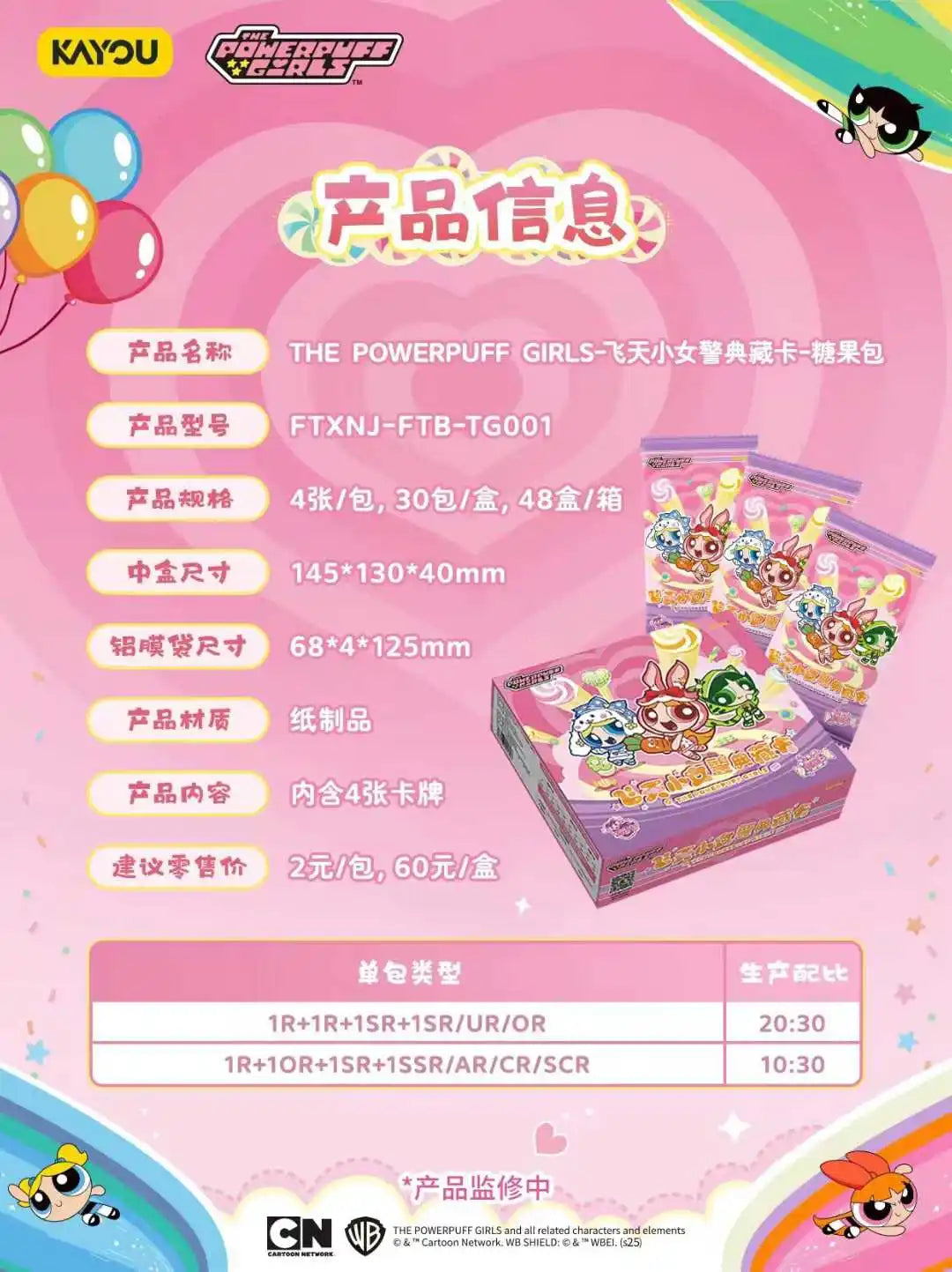 Pink Powerpuff Girls candy bag trading card product info sheet with packaging, foil packs, and specs.