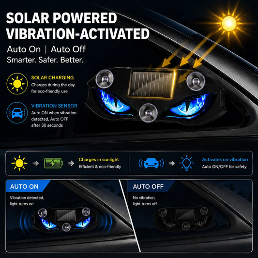 Solar-powered devil's eye LED light on a car window with blue glowing eyes, a solar panel, and text features.
