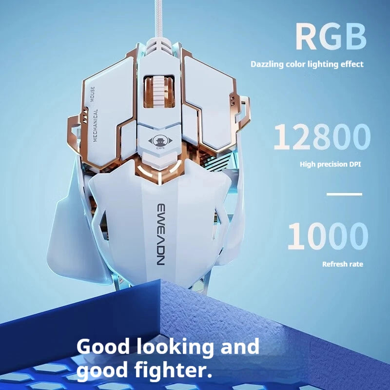 White and rose gold EWEADN wired gaming mouse with a futuristic, angular design, shown against a blue background.