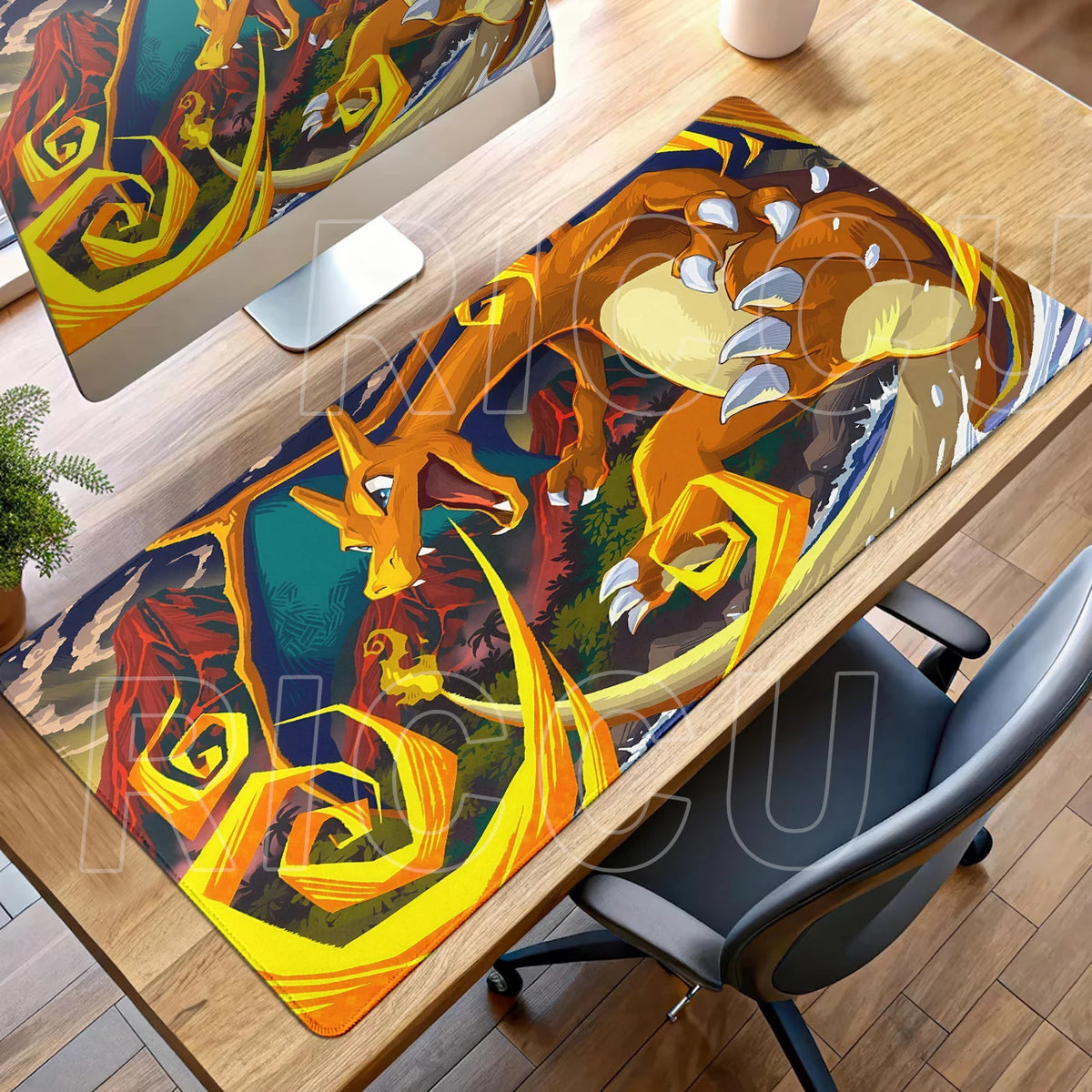 A large desk mat featuring an orange Charizard amid fiery yellow, red, and blue background details.