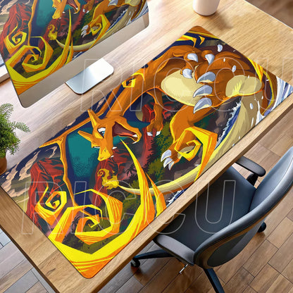 A large desk mat featuring an orange Charizard amid fiery yellow, red, and blue background details.