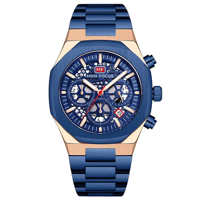 MINI FOCUS Motley Chronograph Quartz Watches Men Stainless Steel Business Sport Wristwatch with Luminous Hands Auto Date 0411