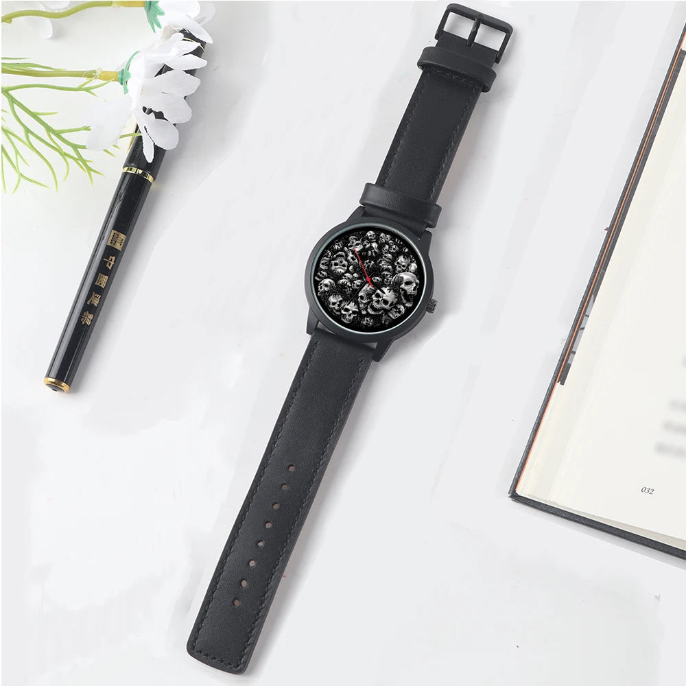 Skeleton Skull Dial Gentleman Quartz Watch Men Personalized Wristwatch Black Fashion Souvenir Gift For Male Friend Husband