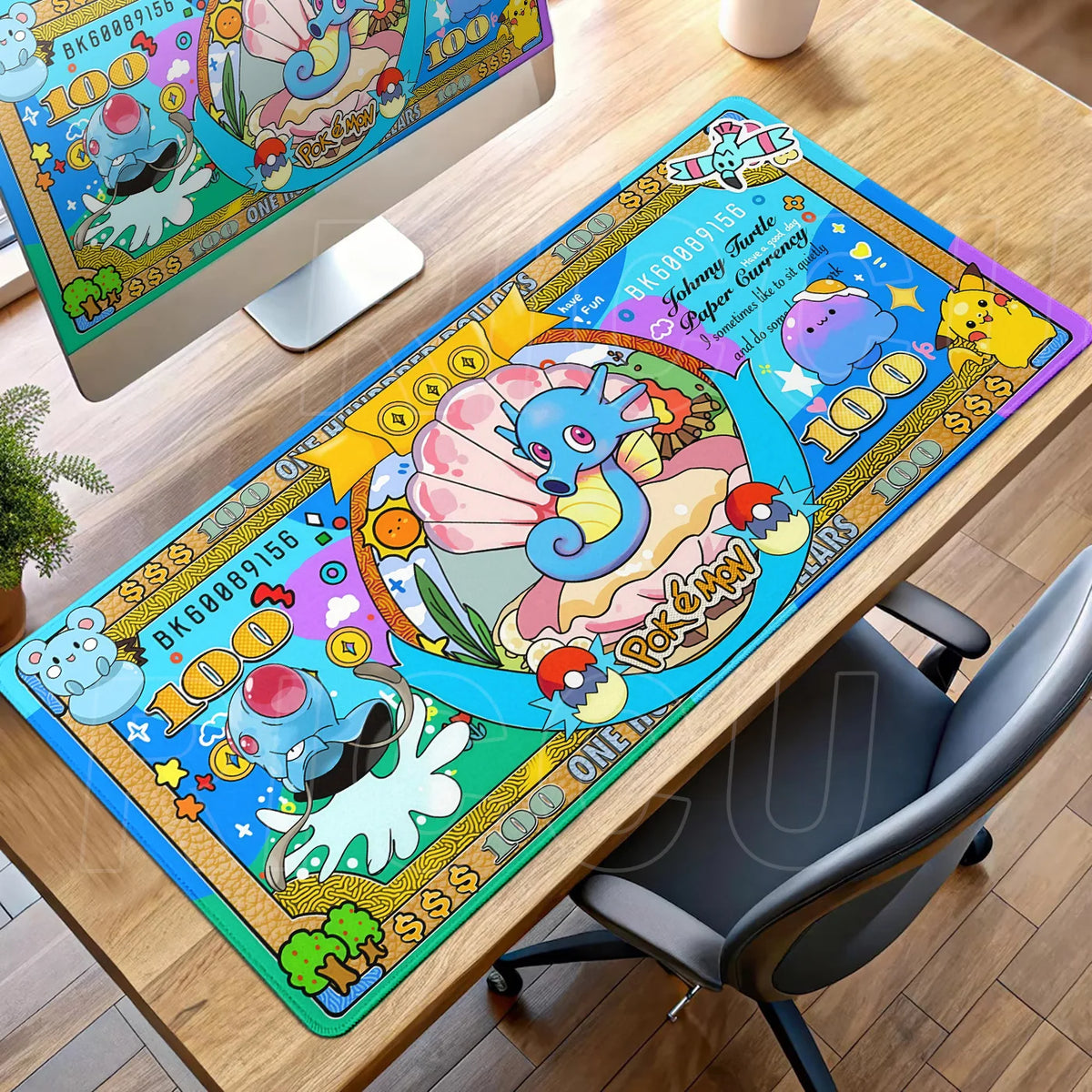 Blue Pokémon banknote desk mat featuring Horsea in a shell, Pikachu, and other characters.