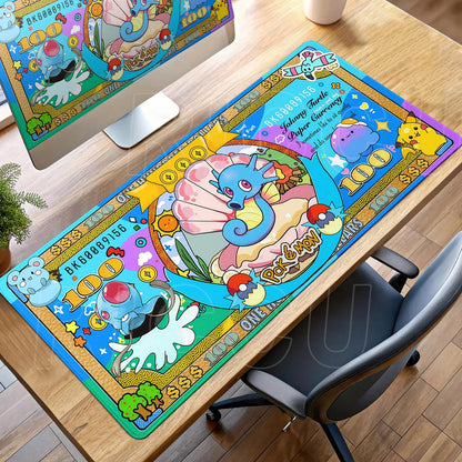Blue Pokémon banknote desk mat featuring Horsea in a shell, Pikachu, and other characters.