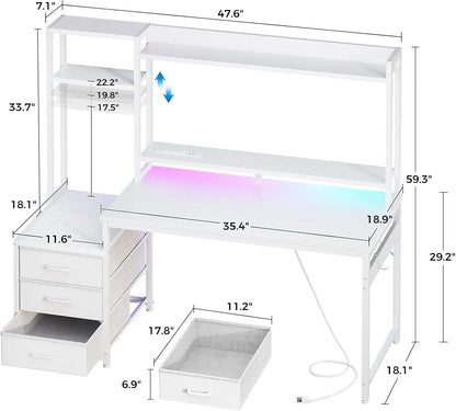 White gaming desk with a hutch, three fabric drawers, and dimension measurements overlaid.