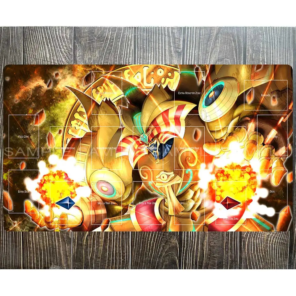Yu-Gi-Oh playmat features Exodia in gold and red armor, holding glowing fiery orbs against a dark, fiery backdrop.