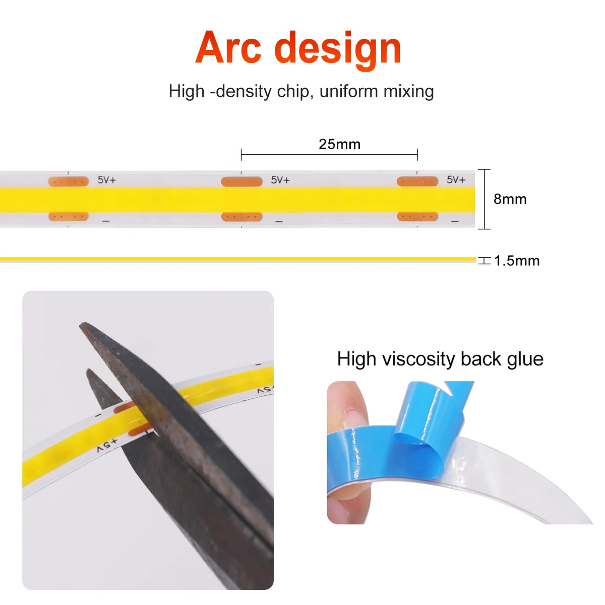 COB LED strip with dimensions, scissors cutting along marked lines, and blue adhesive backing.